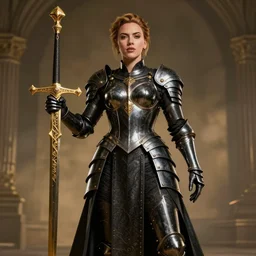 beautiful fantasy goddess scarlett johansson, symmetrical face, black plate - armor, golden gladius, intricate details, elegant, ultra realistic, wide angle, seductive pose, gothic style artifacts, highly detailed, unreal engine, octane render