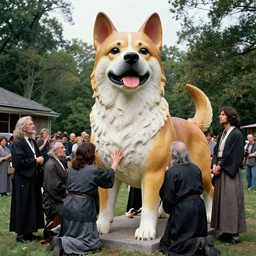 photograph from 1 9 8 7 of satanists worshipping a giant japanese chin dog statue in new hampshire, highly detailed, 4 k, hi - res