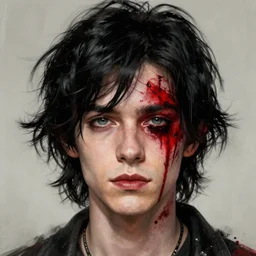 portrait of gerard way from my chemical romance with black hair and red bloody makeup, highly detailed, digital painting, artstation, concept art, sharp focus, illustration, art by artgerm and greg rutkowski and alphonse mucha