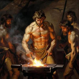 muscular hephaestus working at his forge painting by gaston bussiere, craig mullins, j. c. leyendecker, tom of finland
