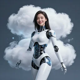 quantum cloud, photorealistic happy beautiful female cyborg