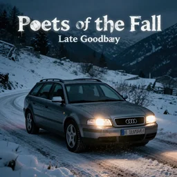 Audi A4 B6 Avant (2002), a gritty neo-noir, dramatic bright lighting, cinematic, establishing shot, extremely high detail, photorealistic, cinematic lighting, artstation, by simon stalenhag, Snowy italian road, Snowy Apennines, At night, Poets of the Fall - Late Goodbye