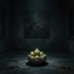 a dimly lit creepy ominous room with a single bowl of mysterious alien fruits in the middle of the floor, moody, horror, abstract art, dark surrealism