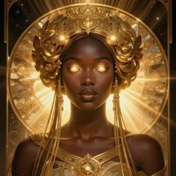 black african princess, glowing eyes, warm volumetric lighting, cosmic, symmetric, highly detailed, elegant, concept art, heavenly, god rays, intricate, sharp focus, illustration, alexandros pyromallis, bouguereau, rutkowski, artgerm, alphonse mucha