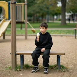 boy with ice cream in playground, leyendecker style, seat in the park, alone, black clothes