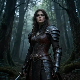 dramatic dark forest scenery, girl with sharp fangs in hide leather armor, high fantasy concept art, poster