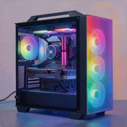 a painting by Wayne Thiebaud of an RGB gaming pc!!!!!!!!!, cooling, high specs, ethereal!!!!!!!, by Wayne Thiebaud, neon gradient,