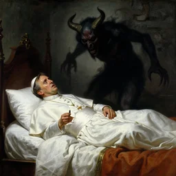 the pope is in his bed, sweating, nervous and terrified, because a double horned shadow demon from hell lurks in the wall of the bedroom. highly detailed painting by gaston bussiere, j. c. leyendecker, greg rutkowski, craig mullins 8 k
