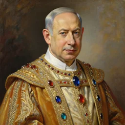 portrait of benjamin netanyahu dressed like a regal aristocrat, ornate robes, embedded gemstones, impressionist painting, realism, oil painting, highly detailed