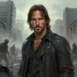 battle hardened, charismatic, rugged leon kennedy, face centered portrait, confident, ruined cityscape, zombies, fog, rain, volumetric lighting, soft light particles floating near her, illustration, perfectly shaded, soft painting, art by leesha hannigan, ross tran, thierry doizon, kai carpenter, ignacio fernandez rios
