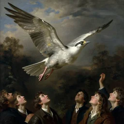 by john james audubon, by jackson pollock flowing. a body art of a winged creature, flying high above a group of people in a dark, wooded area. the creature's wings are spread wide & its head is turned upwards, looking towards the sky. people below looking up at creature awe & fear.