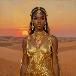 a young dejah thoris on mars wearing a gold dress, after a battle, close portrait, intricate gold jewelry, sand dunes to the horizon, sunset, oil painting on canvas, by sargent and lane brown
