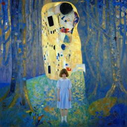 a young girl lost in a blue golden forest, film still by edward hopper, by Bosch, by klimt, art noveau, highly detailed, strong lights, liminal, eerie, Bright pastel colors