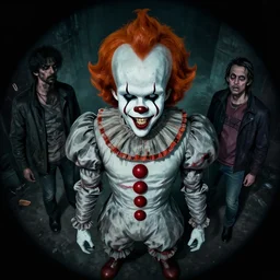 a horror pennywise, greg rutkowski, zabrocki, karlkka, jayison devadas, trending on artstation, 8 k, ultra wide angle, zenith view, pincushion lens effect