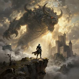 dark souls, knight, cliff, giant monster, castle, by caspar david friedrich