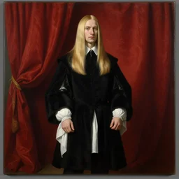 museum painting, wide - shot, photo of tall pale young man, mouse blonde hair, long, smooth shoulder - length!! hair, dressed in 1 7 th century, black clothes, white clothes, background is the rich curtain!!! sharp focus, highly detailed, digital art, oil painting, masterpiece, artgerm, rutkowski, mucha, leyendecker, kinkade