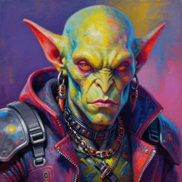 a portrait of an apocalyptic scifi orc biker character design by michael whelan, psychedelic vibrant colors, futuristic punk rock fashion, oil painting by michael whelan art, perfect face, sharp focus, detailed eyes, realistic, highly detailed, 8 k