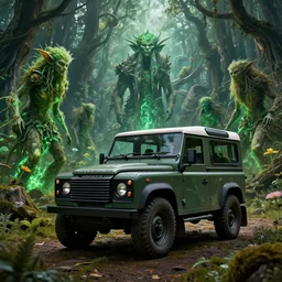 Land Rover Defender 110 (1985), The Elder Scrolls V: Skyrim, Riften, The Rift, an epic fantasy, living flora, spriggans, humanoid flora, green floral energy going through spriggans, wooden forest spirits, dramatic lighting, cinematic, establishing shot, extremely high detail, photorealistic, cinematic lighting, artstation, by simon stalenhag