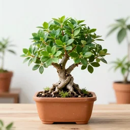 magical cute alive bonsai in a pot, on the table, herbology, hd photography, coherent, render, blender, radiant light