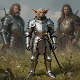 full body painting of an anthropomorphic kobold paladin, alone in a field, wearing full metal plate mail, by peter mohrbacher, by michael cheval, by boris vallejo, highly detailed, 8 k