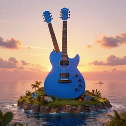 unreal engine render, a giant blue guitar on an island, cinematic, sunset, fantasy, 8 k, trending on artstation