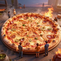 a beautiful hyperrealistic detailed 3D render of people made of pizza, by Anton Otto Fischer, Atey Ghailan, genzoman, unreal engine, octane render, gigantic, 3D, brilliantly coloured, intricate, ultra wide angle, trending on artstation, embers, smoke, dust, dusk, volumetric lighting, HDR, polished, micro details, ray tracing, 8k,