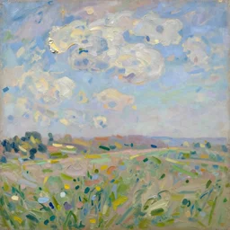 oil paint impasto reliefs summer sussex fields, atmospheric, painted with expressive paint and cumulus clouds, some splattered paint, in the style of signac and early monet