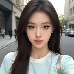 selfie of a young woman, winged eyeliner, pastel clothing, urban environment, depth of field, octane render, photorealistic, trending on artstation