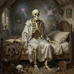 classic oil painting, skeleton wearing medieval pajamas, as a dnd character, inside a cluttered bedroom, cottagecore, highly detailed, digital illustration, concept art, smooth, sharp focus, art by roy c. krenkel, and boris vallejo, and manuel sanjulian, mystic, fractals, fog