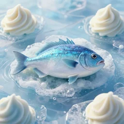 fish island, surrounded by an ocean made of ice cream, digital art, realistic, highly detailed, matte painting, concept art, 8 k, 4 k, trending artstation