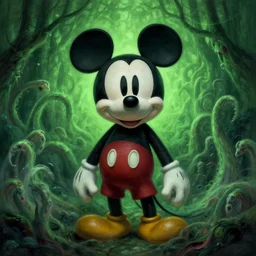 portrait of mickey mouse, horror lovecraft portrait with tentacles of mickey mouse, creepy, detailed, ethereal, horror, fantasy, lovecraft, green, in the styles of magali villeneuve, claude monet, jeremy mann, greg rutkowski