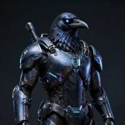 tactical neon exoskeleton armor, realistic anthropomorphic bird raven visible face, neon eyesight, science fiction, dark, portrait by donato giancola and greg rutkowski and wayne barlow, realistic face