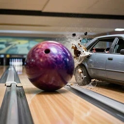 a giant bowling ball destroys a car, slow motion satisfying image