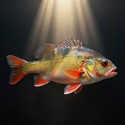 a beautiful painting of a redfin perch, octane render, brilliantly coloured, intricate, ultra wide angle, trending on artstation, black light, volumetric lighting, ray lighting from top of frame, crepuscular ray lighting from above, dynamic lighting, muted colors, polished, micro details, ray tracing, 8 k