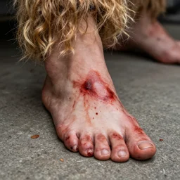foot with curly blonde hair bloody cut