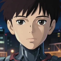 a anime portrait of a cyborg woman, finely detailed features, closeup at the face, sharp focus, aesthetically pleasing art, perfect lips, night time city background, cinematic lighting, highly detailed, intricate, smooth, anime!! artstation, trending on pixiv fanbox, painted by greg rutkowski, studio ghibli, yoji shinkawa, hayao miyazaki,
