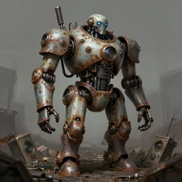 a rusted steampunk law - enfoncer robot, junkyard, digital illustration, grimdark, artstation
