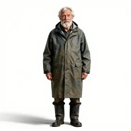 elderly fisherman in raincoat, high detail digital art, full body, standing, isolated on a pure white background, centered, whole figure in frame, sharp focus, studio lighting