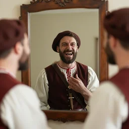 Polish highlander of the 1920s laughing maniacally at the sight of a mirror