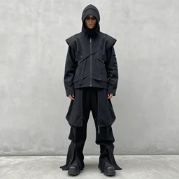 beautiful androgynous avant garde techwear look and clothes, intricate, Rick Owens, Y3, trending on r/streetwear, fit pic, rule of thirds,