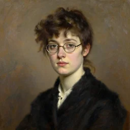 studio portrait of a beautiful woman with glasses, oil painting by John Singer Sargent
