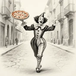 pulcinella dancing ecstatically through the empty street of naples, holding a large pizza!!!, extremely detailed pencil sketch by silvio fiorillo, from commedia dell'arte