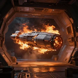 a spaceship on fire in a space stations hangar, award winning, trending on artstation, unreal engine