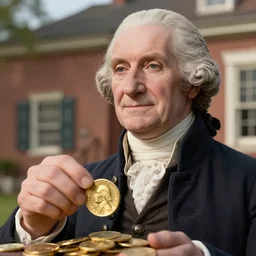 a closeup photorealistic photograph of a happy George Washington inspecting small gold Doubloon coins at his home on Cherry Street. This 4K HD image is Trending on Artstation, featured on Behance, well-rendered, extra crisp, features intricate detail and the style of Unreal Engine.
