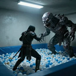 A dark souls character fighting a scary monster in a ball pit, fluorescent lighting