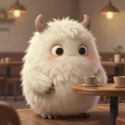 little fluffy monster in a cozy cafe. upcoming 3 d animation by an indie studio, rimlighting, depth of field, limited palette, intricate details, oil painting, chiaroscuro.