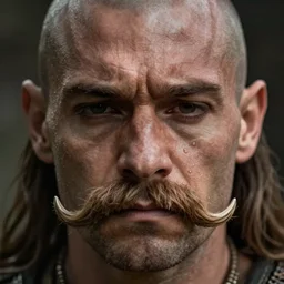 close up portray, fantasy barbarian, big horseshoe moustache. sad and remorseful face expressen. shaved head, shaved face, trending on artstation, concept art