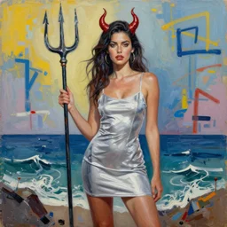 A pretty woman with devil horns wearing a silver mini dress standing on the ocean, pitchfork, creative background, abstract jean-Michel Basquiat oil painting with thick paint strokes, oil on canvas, intricately!!! detailed!!!