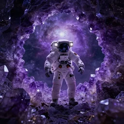 extreme close up, astronaut on purple [ [ [ crystal ] ] ] caves, amethyst, beautiful dynamic lighting, nebula sky, cinematic, wide angle establishing shot, extremely high detail, photo realistic, cinematic lighting, matte painting, interstellar, greg rutkowski, roger deakins