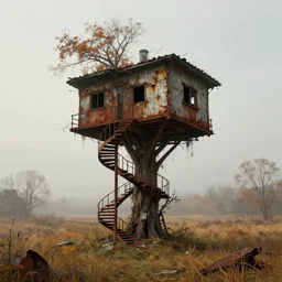tree house on a rusty broken building constructions of a giant upside - down spiral edgy staircase, leading to the sky, the ruins, in the steppe, autumn field, misty background, from the game pathologic 2, highly detailed, sharp focus, matte painting, by isaac levitan and asher brown durand,